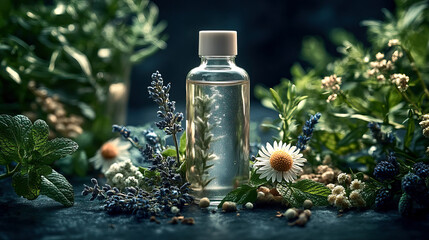 Fototapeta premium Transparent Bottle of Herbal Essence Surrounded by Fresh Lavender, Chamomile, and Greenery