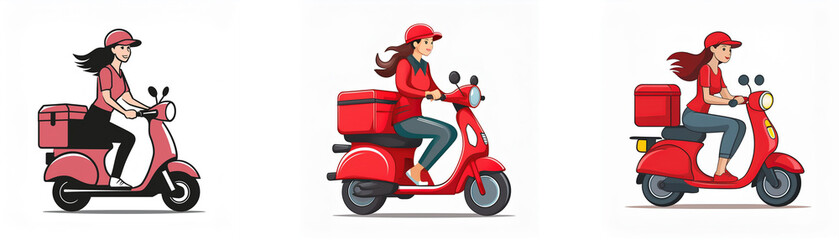 Three women deliver packages on scooters, showcasing efficient and fast delivery services.  Red and pink scooters are shown.