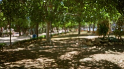 Blurred image of an outdoor park with trees and people in the background, creating a defocused natural scene with bokeh effect under the sunlight.