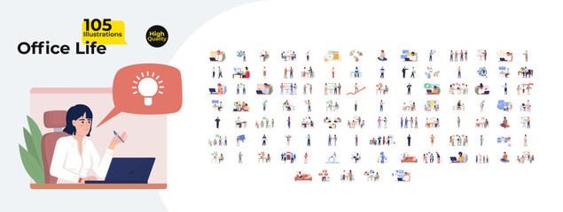 Workplace office life cartoon flat illustrations mega bundle. Diverse employees corporate job 2D images isolated on white. Meeting teamwork. Telework business collection vector drawings colorful