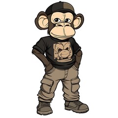 Obraz premium Cartoon monkey in a graphic tee and cargo pants on a white background.