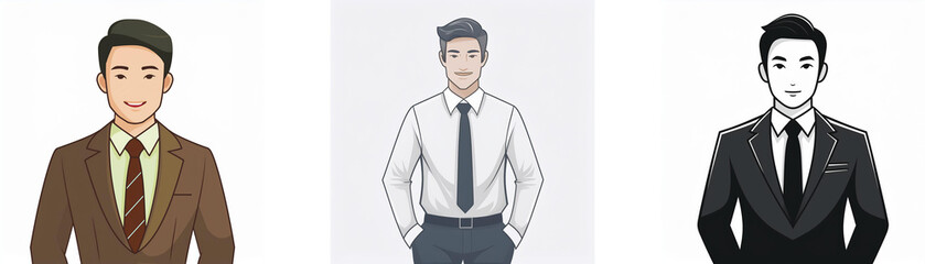 Three illustrations depict men in various business attire: brown suit, white shirt and tie, and black suit.  The styles range from casual to formal.