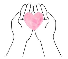 両手のひらにハートを持つイラスト