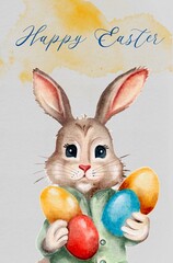 Cute rabbit holds colorful Easter eggs in a cheerful spring setting