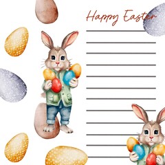 Cute Easter bunny holds colorful eggs with festive decorations in a cheerful layout