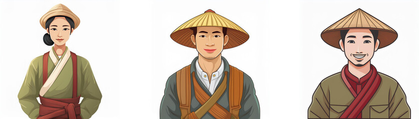 Three Asian individuals depicted in traditional clothing and conical hats.  The attire suggests farming or rural life.