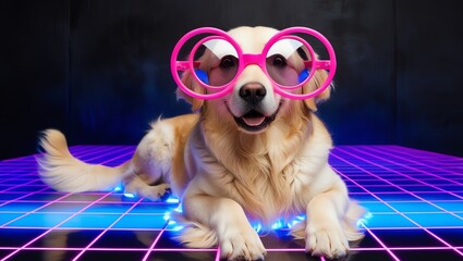 A golden retriever dog wearing pink glasses, lying on a grid floor with blue lights