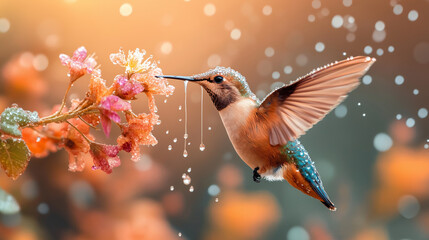 Naklejka premium Hummingbird Rain Dance: A vibrant hummingbird in mid-flight, delicately feeding on a rain-kissed flower. The image captures the beauty of nature's fleeting moments.