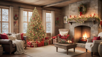 A rustic living room with a roaring fireplace, stockings hanging above, and a glowing Christmas tree adorned with ornaments