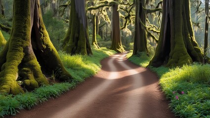 A winding dirt path through a lush, mossy forest with tall trees. Sunlight filters through the trees