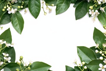 Fototapeta premium A leafy green frame with small white flowers isolated on a white background