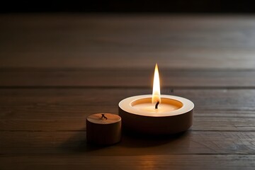 A single unlit candle on a wooden surface, surrounded by soft, natural lighting. The simple scene evokes warmth, calm, and minimalist elegance with its neutral tones and serene composition.