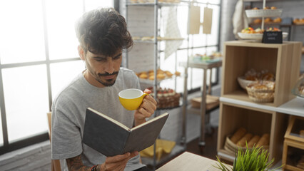 Fototapeta premium Handsome bearded hispanic man reading book and drinking coffee inside bakery shop