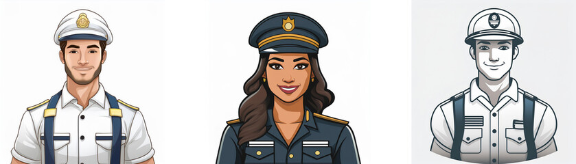 Three stylized illustrations depict uniformed individuals; a man in a white nautical cap, a woman in a dark-blue military-style cap, and a monochrome sketch of a man in a similar cap.  The images sugg