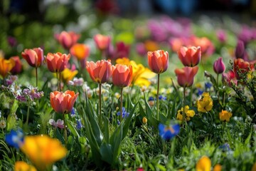 Obraz premium A vibrant garden filled with colorful tulips and various flowers.