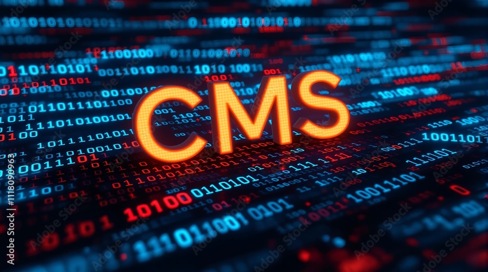 Poster binary code forming the letters cms representing content management system concept in digital techno