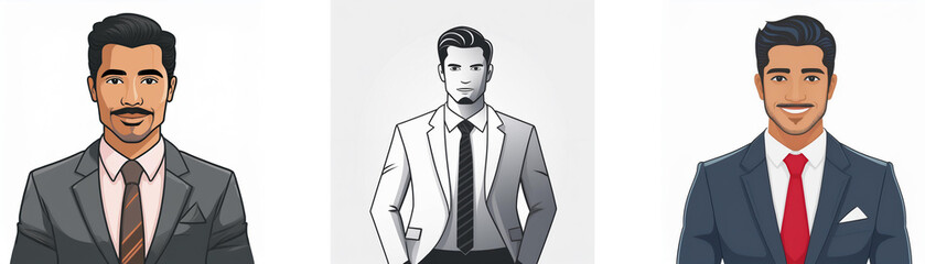 Three illustrations depict a man in a suit; one in color, one in grayscale, and one in a darker suit with a red tie.  The images show variations in style and color.