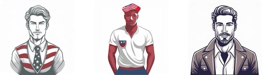 Three illustrated men's portraits showcase diverse hairstyles and attire.  One wears a patriotic vest, another a casual polo shirt, and the third a stylish jacket.