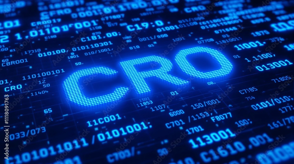 Poster digital blue matrix binary code forming the acronym cro representing conversion rate optimization co