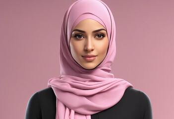 3D woman wearing a pink hijab and a black top. Solid pink color background