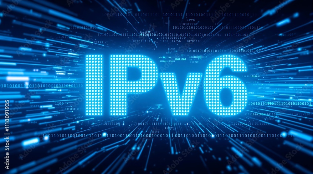 Poster digital blue matrix binary code forming the acronym ipv6 representing internet protocol version 6 co