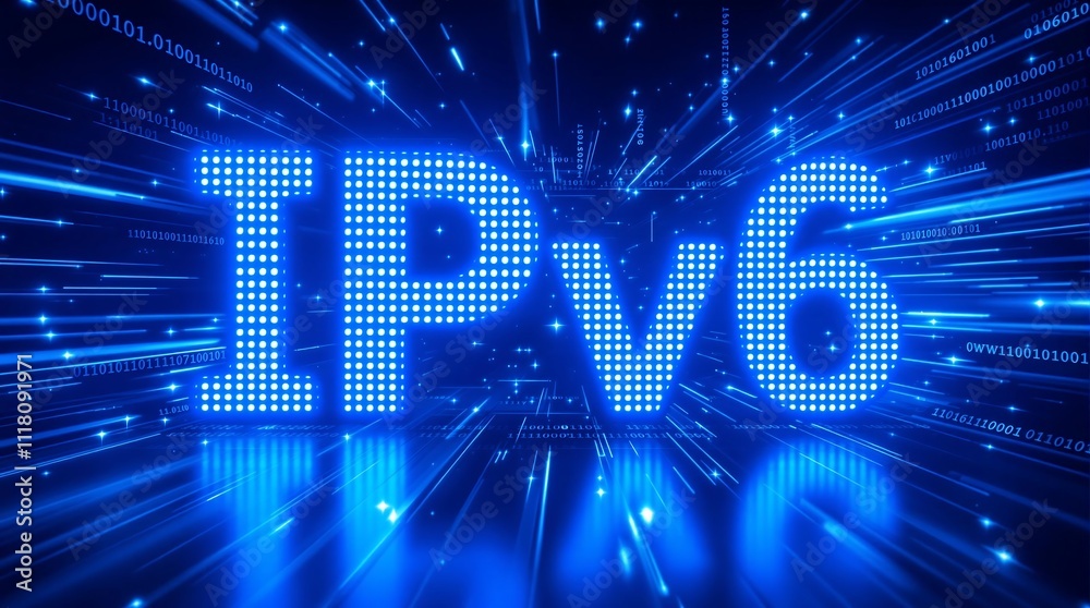 Poster digital blue matrix binary code forming the acronym ipv6 representing internet protocol version 6 co