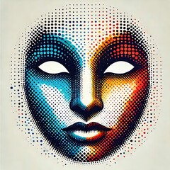 Abstract face design with vibrant colors and patterns.