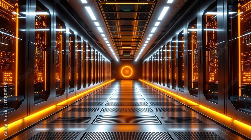 Poster futuristic data center with quantum computers and glowing tech elements
