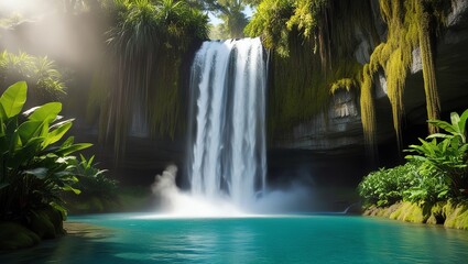 A powerful waterfall cascades into a turquoise pool, surrounded by lush, green jungle plants
