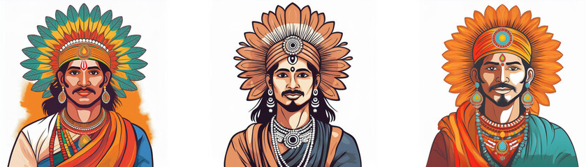 Three regal figures, adorned in vibrant headdresses and elaborate attire, are depicted in this illustration.  Their expressions are serious and their garments are richly detailed.