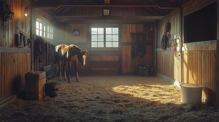 A serene horse stands in a sunlit barn, surrounded by wooden walls and hay.