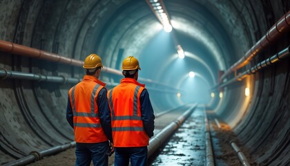Two engineers wear safety vests, hard hats inside large underground tunnel. Inspecting construction site. Tunnel pipes, lighting. Construction progress visible. Infrastructure development underway.