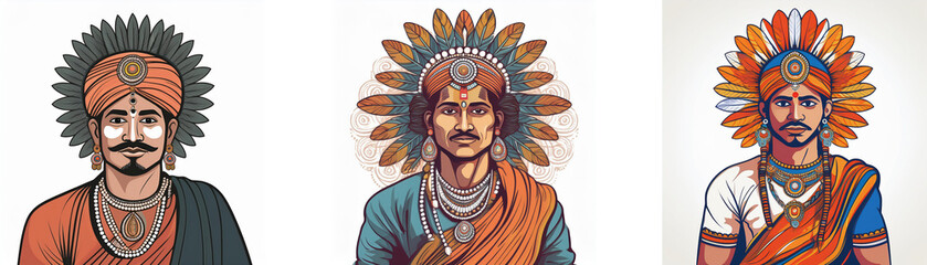 Three illustrated portraits depict regal figures adorned in elaborate headdresses and traditional attire.  Their expressions are serious and dignified.