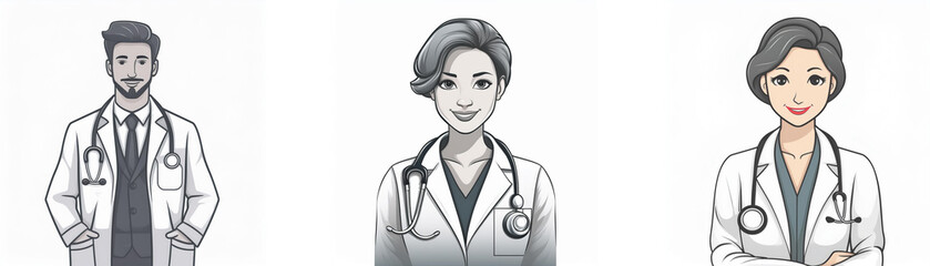 Fototapeta premium Three doctors, one man and two women, are shown in a simple, grayscale illustration. Each wears a white coat and stethoscope.