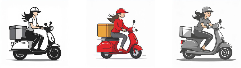 Three women deliver packages on scooters; one white, one red, and one grey.  Each scooter has a delivery box.