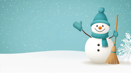 cheerful snowman with blue hat, scarf, gloves, and broom in snowy winter scene