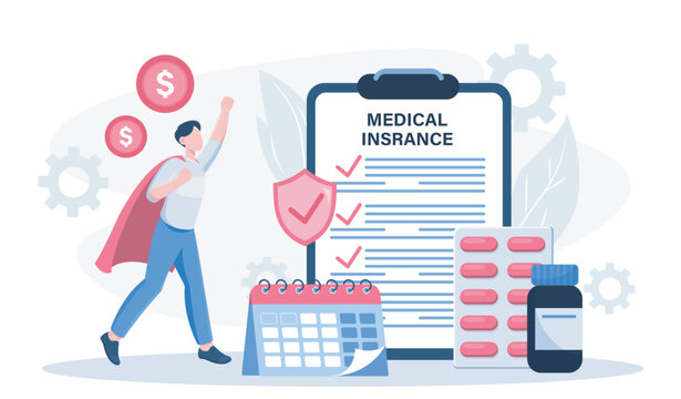 Employee benefits concept. Man near huge medical insurance and calendar with holidays. Pills and medicines. Caring for workers, social advantages. Flat vector illustration