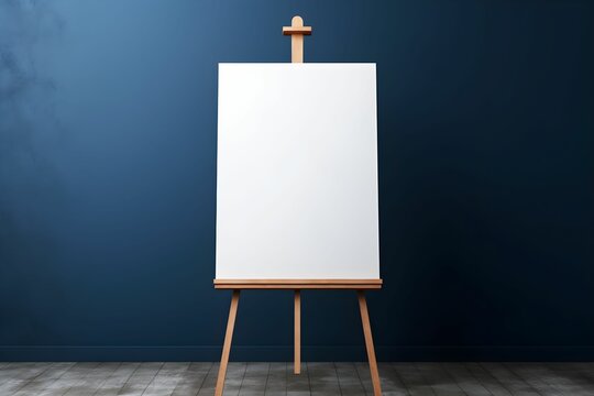 Empty canvas for wall art mockup on easel against dark blue wall in creative studio space ready for painting or artistic expression