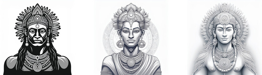 Fototapeta premium Three grayscale illustrations depict serene figures, adorned with ornate headdresses and jewelry, embodying spiritual tranquility and cultural significance.