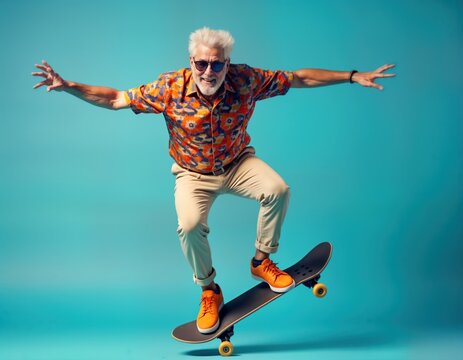 Senior man performs skateboarding trick. Stylish grandpa in orange shirt, beige trousers jumps creatively on skateboard against blue backdrop. Wears sunglasses. Image conveys joyful energy, active