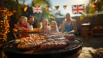 Candid Family BBQ Celebration Australia Day concept as Candid family enjoying BBQ in sunny Australian backyard Australian flags grilling food laughter festive decorations symbolizing togetherness and 