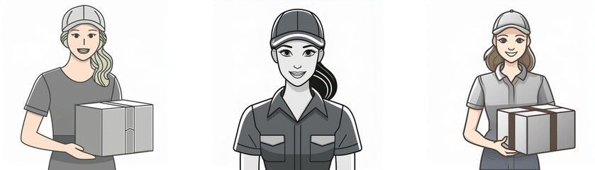 Three women in different work uniforms hold packages.  They represent diverse delivery services or industries.