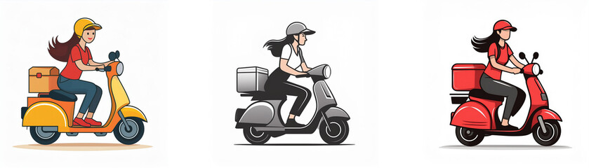Three women wearing helmets deliver packages on scooters of different colors.  Fast, efficient delivery service.
