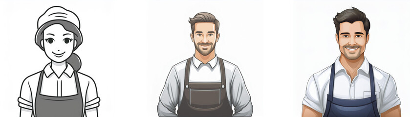 Illustration of three individuals in uniform, one woman and two men, possibly cafe or restaurant staff.  They are depicted from the chest up, showcasing their attire.