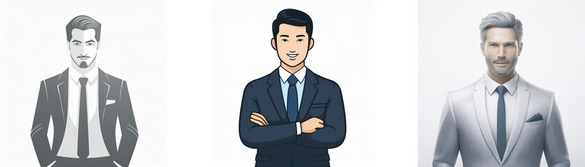 Three illustrated men in suits; one in grayscale, one in navy, one in light gray.  They represent diverse professional styles.