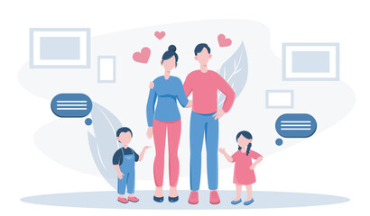 Happy family together. Man and woman stand with boy and girl. Mother, father, son and daughter, brother and sister. Good family relationships. Flat vector illustration