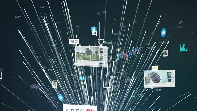 Network lines form a digital social media construct with a wide variety of viral content, shared videos and images on the Internet of Things