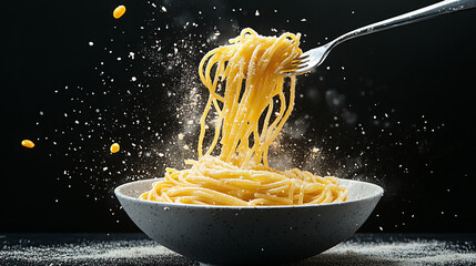 Spaghetti twirling on a fork while flour dusting creates a dramatic culinary moment in a dark setting