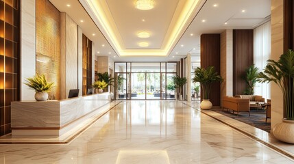 Luxurious Hotel Lobby with Marble Flooring and Golden Accents