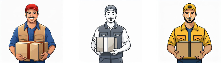 Three delivery workers, each in different uniforms, hold packages.  They represent diverse delivery services.